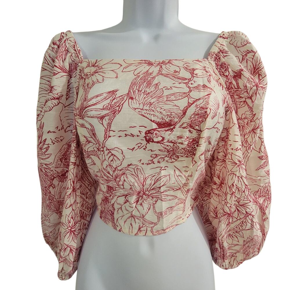 Express Toile Print Puff Sleeve Crop Top XS Cream Red Square Neck Blouse